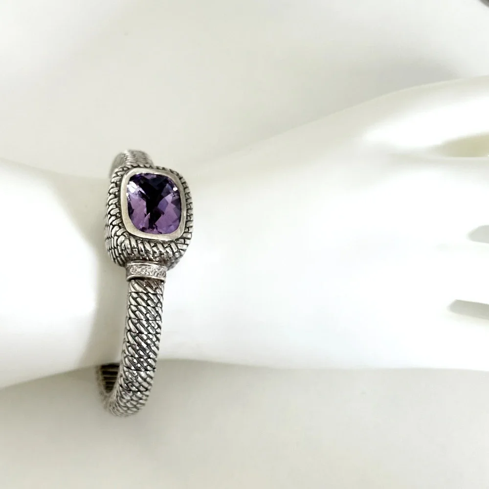925 Sterling Silver Genuine Faceted Amethyst Cuff Bracelet